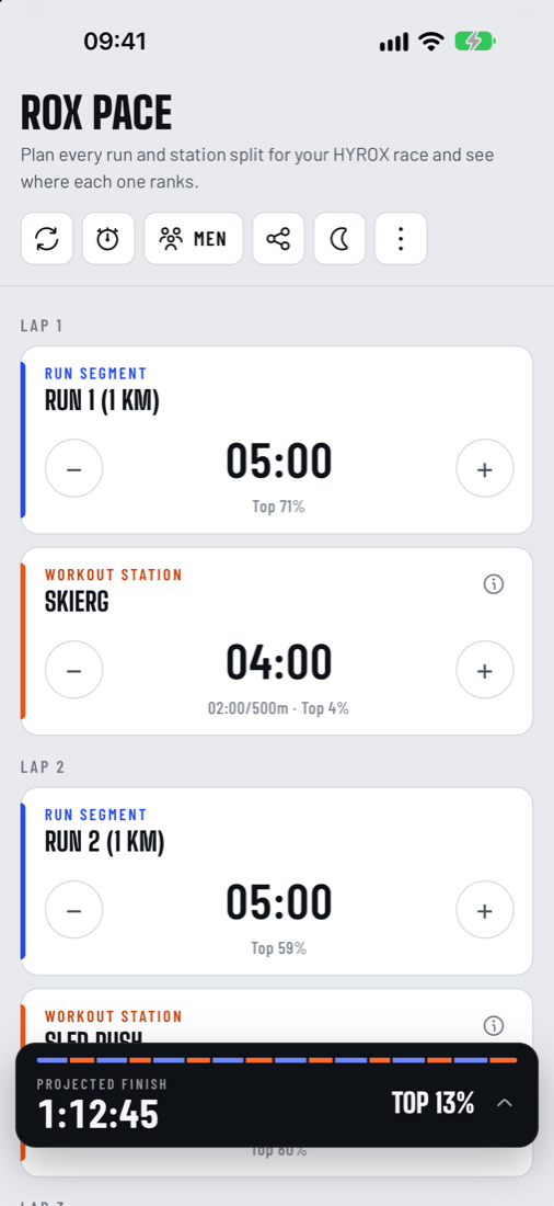 The Rox Pace app on an iPhone showing a race plan with run and station splits